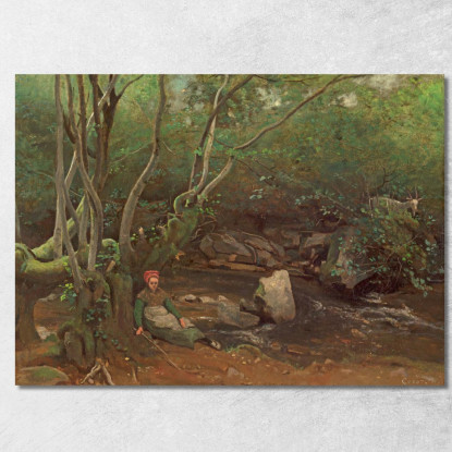 La Ragazza-Capra Di Lormes Seduta Accanto A Un Ruscello In Una Foresta Jean-Baptiste-Camille Corot jbc153 quadro stampato su te