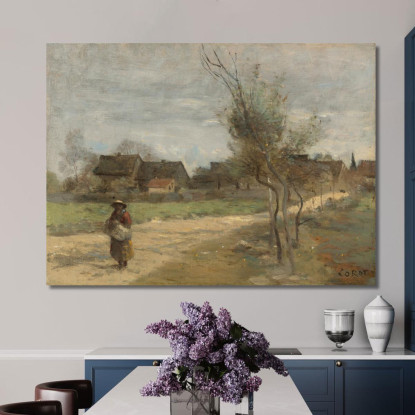 Contadina Su Una Strada Con Vista Di Un Villaggio Jean-Baptiste-Camille Corot jbc195 quadro stampato su tela