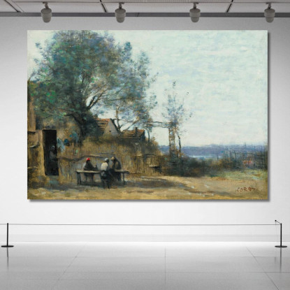 Contadini Seduti Alla Porta Di Un Cabaret Jean-Baptiste-Camille Corot jbc196 quadro stampato su tela