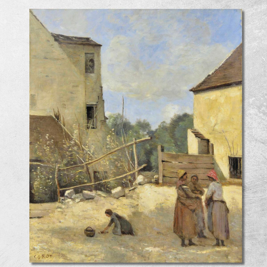 Tre Contadine Chiacchierano In Un Cortile Rustico Jean-Baptiste-Camille Corot jbc270 quadro stampato su tela