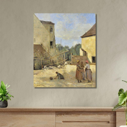 Tre Contadine Chiacchierano In Un Cortile Rustico Jean-Baptiste-Camille Corot jbc270 quadro stampato su tela