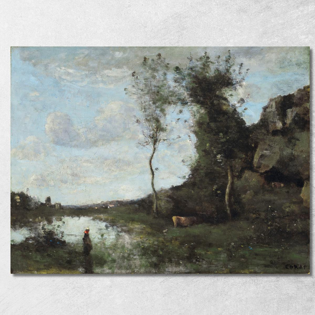 Una Contadina E La Sua Mucca Allo Stagno Con Vista Su Un Villaggio Jean-Baptiste-Camille Corot jbc284 quadro stampato su tela