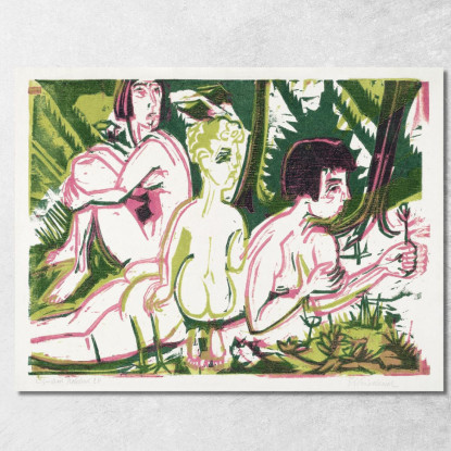 Donne Nude Con Un Bambino Nella Foresta 1925 Ernst Ludwig Kirchner elk89 quadro stampato su tela