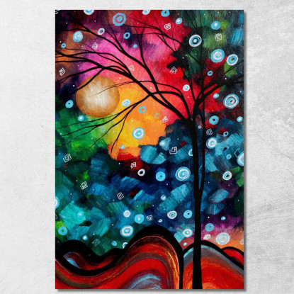 Quadro Astratto Con Albero Nero Luna E Sfondo Multicolore abs14 quadro stampato su tela