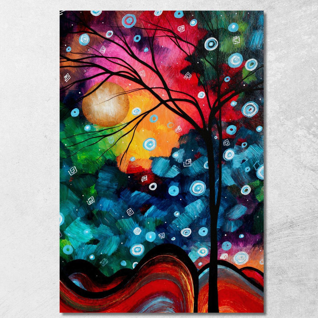 Quadro Astratto Con Albero Nero Luna E Sfondo Multicolore abs14 quadro stampato su tela Quadro Astratto Con Albero Nero Luna E Sfondo Multicolore abs14 quadro stampato su tela