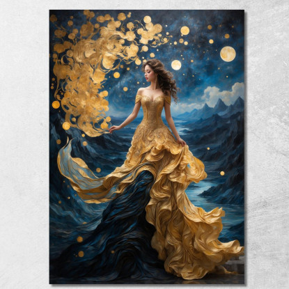 Quadro Donna Abito Dorato Scena Fantasy Luna E Montagne abs78 quadro stampato su tela