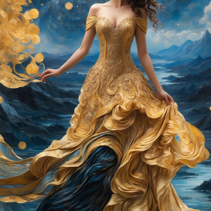 Quadro Donna Abito Dorato Scena Fantasy Luna E Montagne abs78 quadro stampato su tela