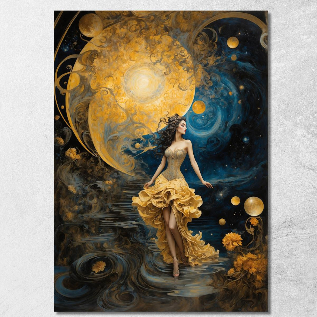 Quadro Donna Abito Dorato Universo Fantastico Blu Giallo abs79 quadro stampato su tela Quadro Donna Abito Dorato Universo Fantastico Blu Giallo abs79 quadro stampato su tela