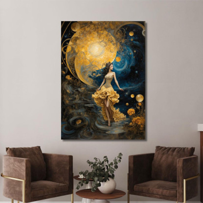 Quadro Donna Abito Dorato Universo Fantastico Blu Giallo abs79 quadro stampato su tela