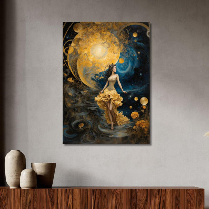 Quadro Donna Abito Dorato Universo Fantastico Blu Giallo abs79 quadro stampato su tela