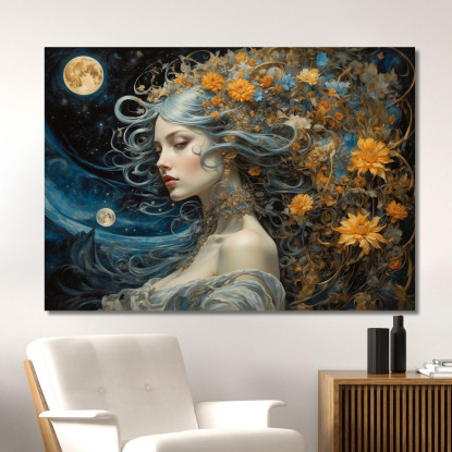 Quadro Donna Fantasy Con Dettagli Floreali Tonalità Blu E Oro abs80 quadro stampato su tela