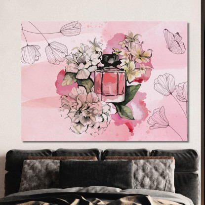 Quadro Bottiglia Di Profumo Rosa Tra Fiori Su Sfondo Acquerello Fashion fsn9 quadro stampato su tela