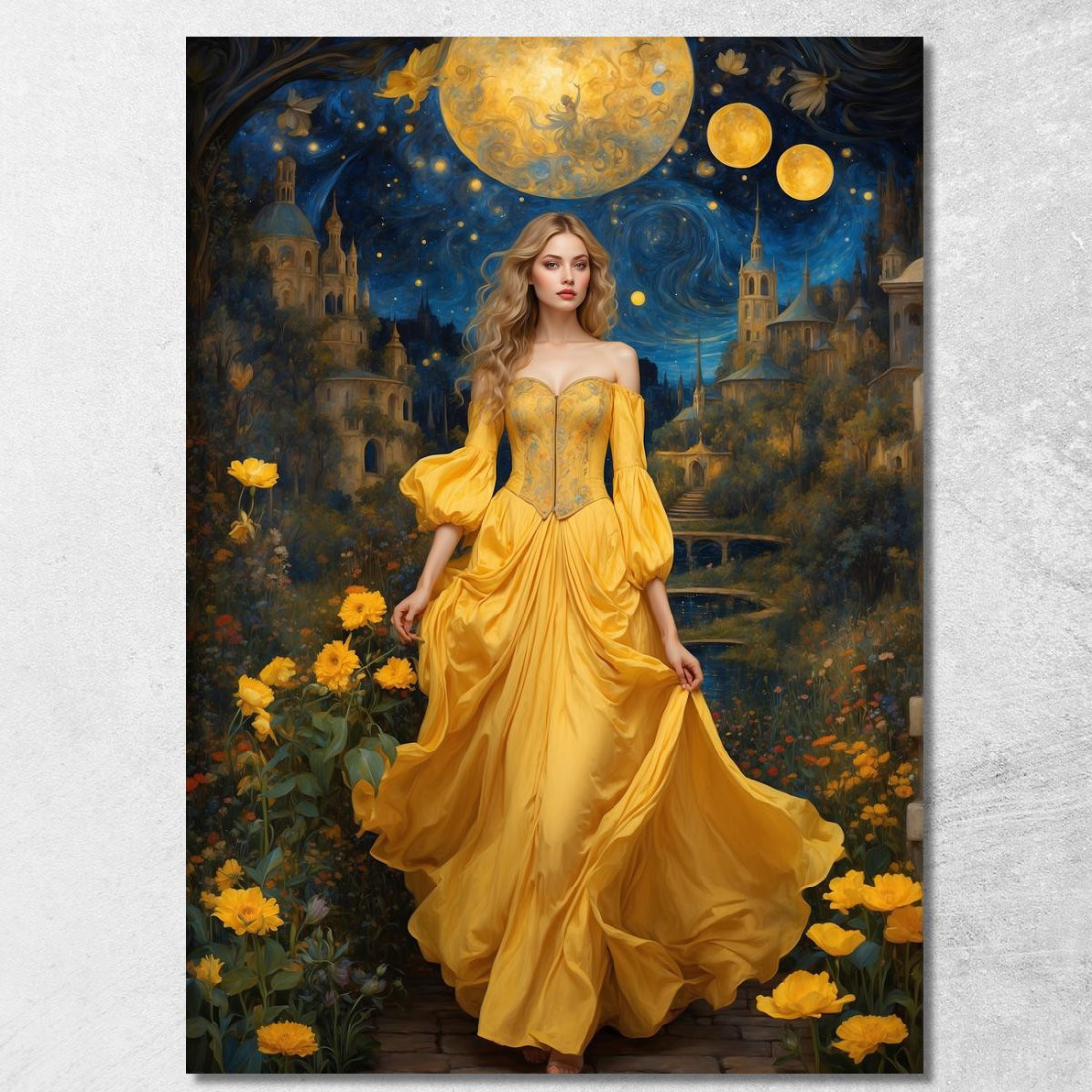 Quadro Donna Abito Giallo Castello Luna Fiori Notturni Fashion fsn15 quadro stampato su tela Quadro Donna Abito Giallo Castello Luna Fiori Notturni Fashion fsn15 quadro stampato su tela