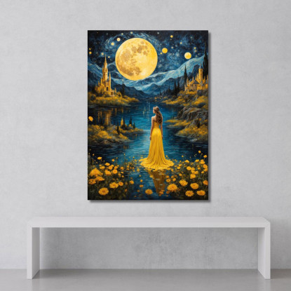 Quadro Donna Abito Giallo Luna Piena Paesaggio Incantato Fashion fsn16 quadro stampato su tela