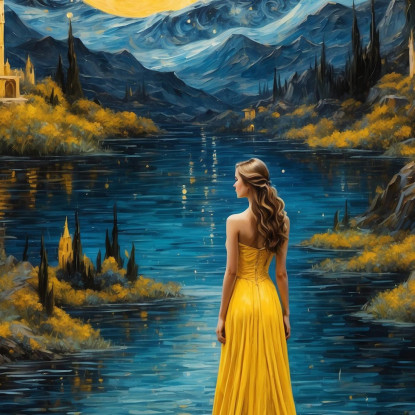 Quadro Donna Abito Giallo Luna Piena Paesaggio Incantato Fashion fsn16 quadro stampato su tela