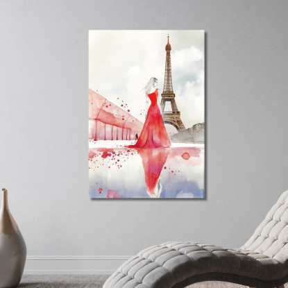 Quadro Donna Abito Rosso Parigi Riflesso Torre Eiffel Illustrazione Minimalista Fashion fsn18 quadro stampato su tela