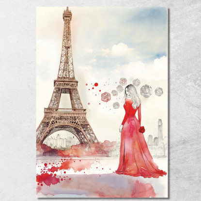 Quadro Donna Abito Rosso Torre Eiffel Acqurello Romantico Fashion fsn19 quadro stampato su tela