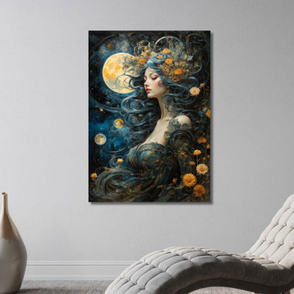 Quadro Donna Capelli Mossi Blu Luna Piena Fiori Gialli Fantasy Fashion fsn25 quadro stampato su tela