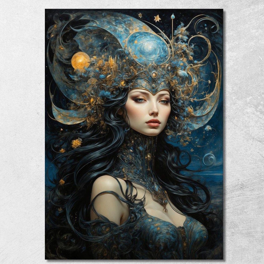 Quadro Donna Corona Astrale Abito Blu E Oro Dettagli Cosmici Fashion fsn32 quadro stampato su tela