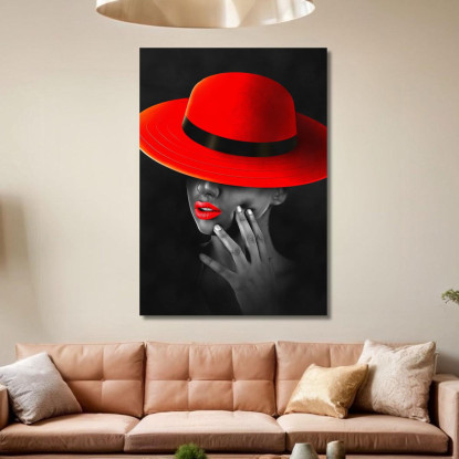 Quadro Donna Elegante Cappello Rosso Labbra Rosse Sfondo Nero Fashion fsn37 quadro stampato su tela