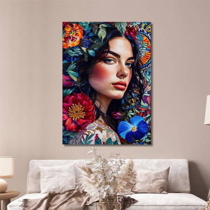 Quadro Ritratto Donna Occhi Azzurri Fiori Vivaci Decorativi Fashion fsn79 quadro stampato su tela