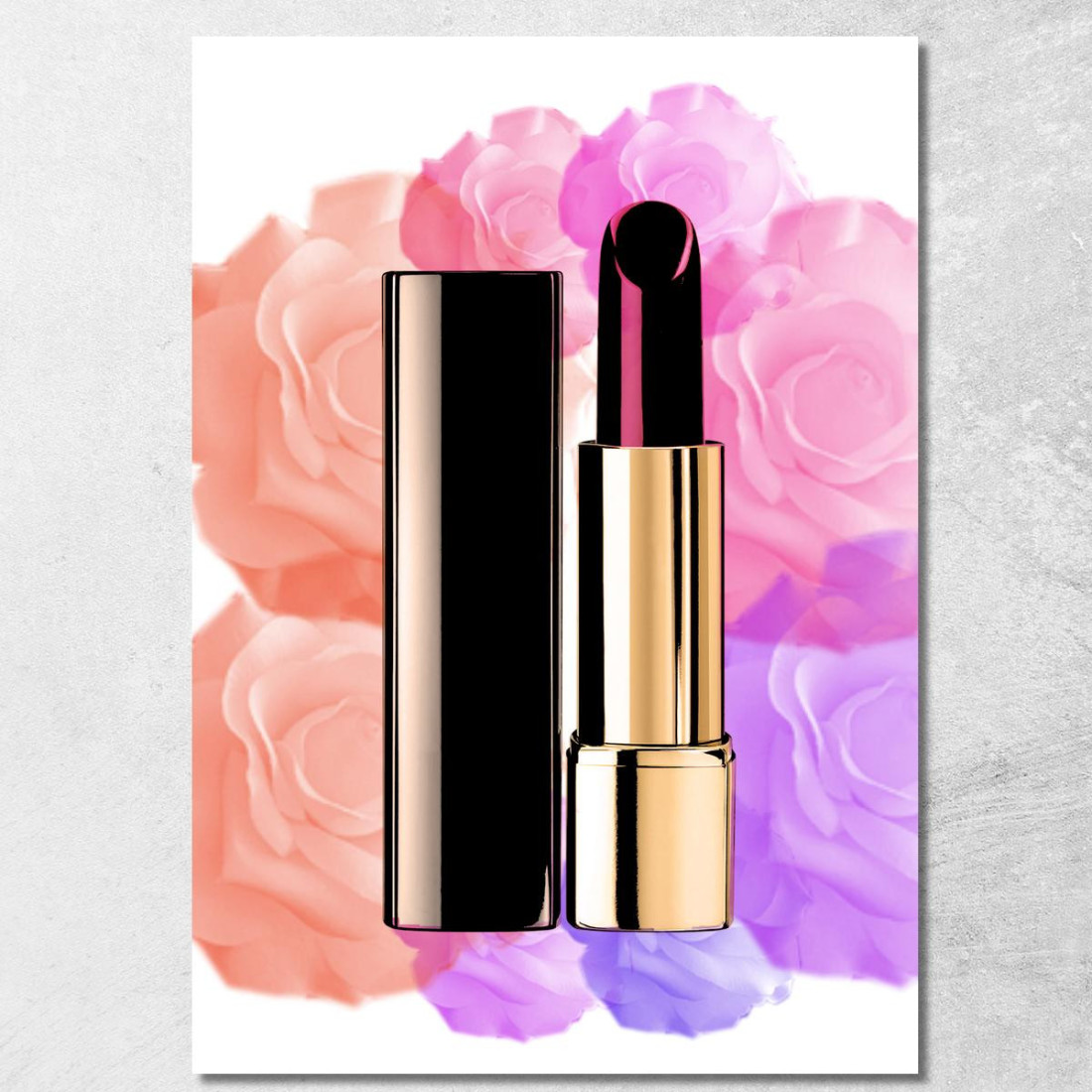 Quadro Rossetto Dorato Su Sfondo Floreale Rosa E Viola Fashion fsn83 quadro stampato su tela