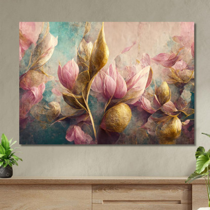 Quadro Tulipani Astratti Rosa E Foglie Dorate Vintage Quadro Moderno Fiori Astratti flp40 quadro stampato su tela