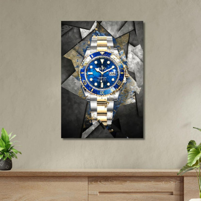 Quadro Moderno Orologio Blu E Oro Su Piastrelle rlx14 quadro stampato su tela