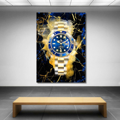 Quadro Moderno Orologio Blu E Oro Su Sfondo Nero rlx17 quadro stampato su tela