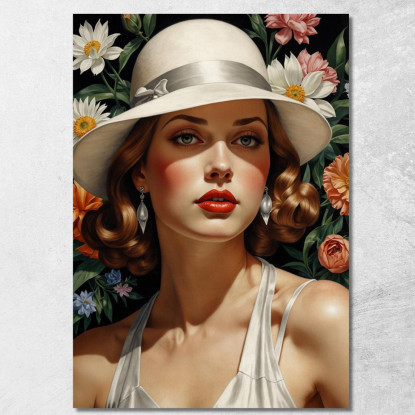 Donna Con Cappello Bianco E Fiori Stile Tamara de Lempicka ilmt25 quadro stampato su tela