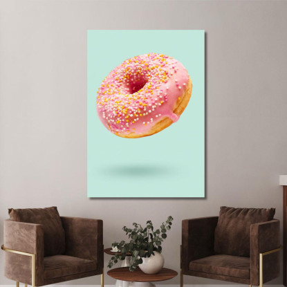 Quadro Moderno Ciambella Glassata Rosa Con Confettini Colorati Su Sfondo Verde Pastello foo25 quadro stampato su tela