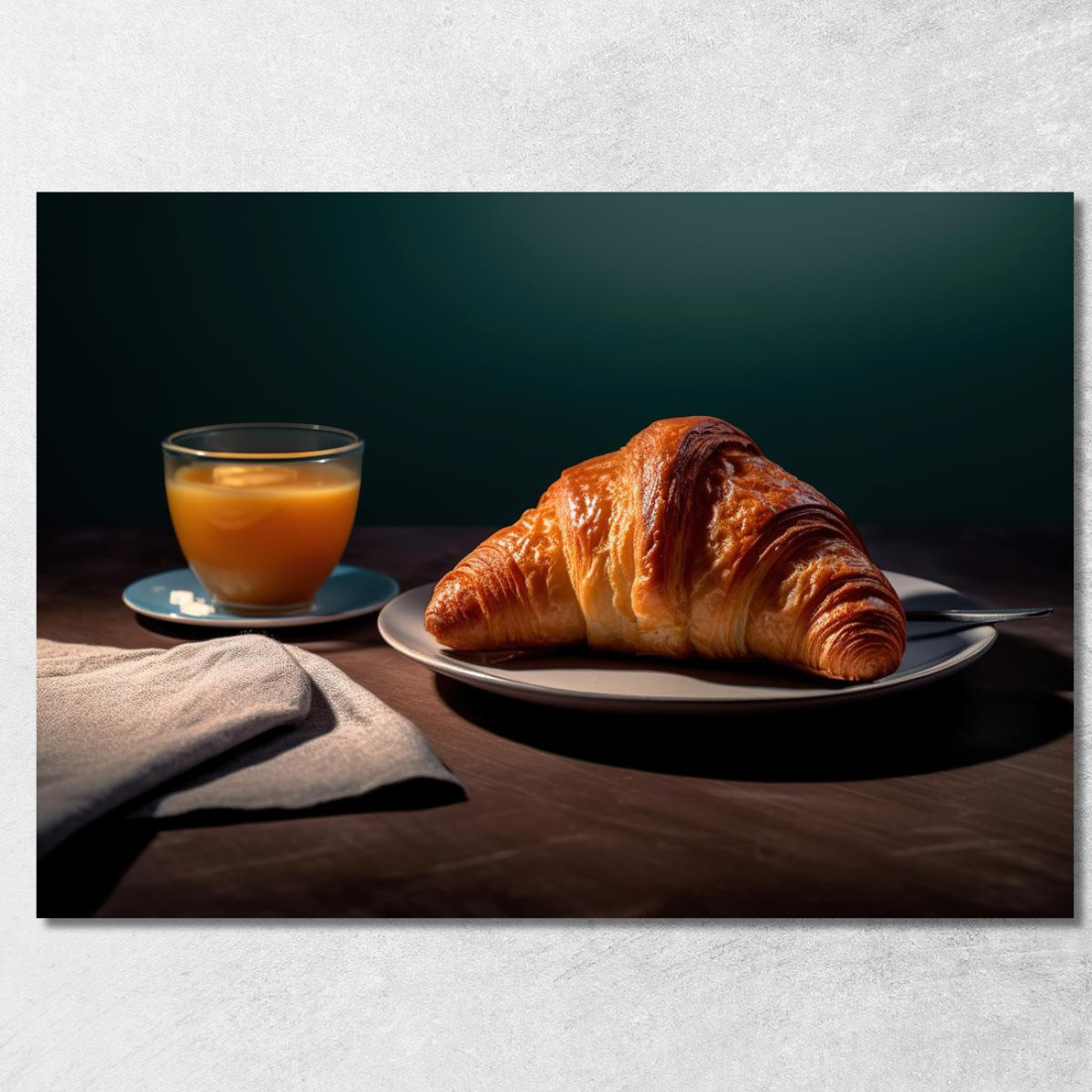 Quadro Moderno Colazione Con Croissant E Succo D'Arancia Su Tavolo Scuro foo32 quadro stampato su tela Quadro Moderno Colazione Con Croissant E Succo D'Arancia Su Tavolo Scuro foo32 quadro stampato su tela