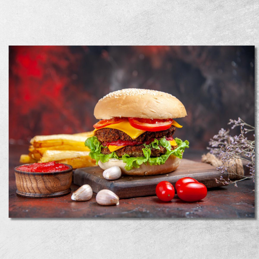Quadro Moderno Hamburger Gourmet Con Doppio Formaggio E Verdure Fresche foo65 quadro stampato su tela Quadro Moderno Hamburger Gourmet Con Doppio Formaggio E Verdure Fresche foo65 quadro stampato su tela