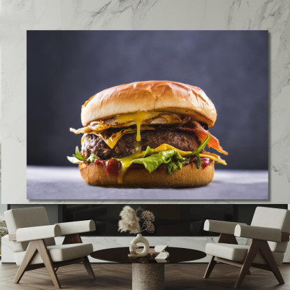 Quadro Moderno Hamburger Gourmet Con Uovo Fritto Bacon Croccante E Formaggio Fuso foo67 quadro stampato su tela