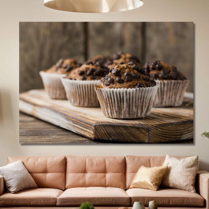 Quadro Moderno Muffin Al Cioccolato Con Gocce Fondenti Su Tagliere Rustico foo82 quadro stampato su tela