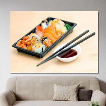 Quadro Moderno Sushi Misto In Bento Box Con Bacchette E Salsa Di Soia foo109 quadro stampato su tela