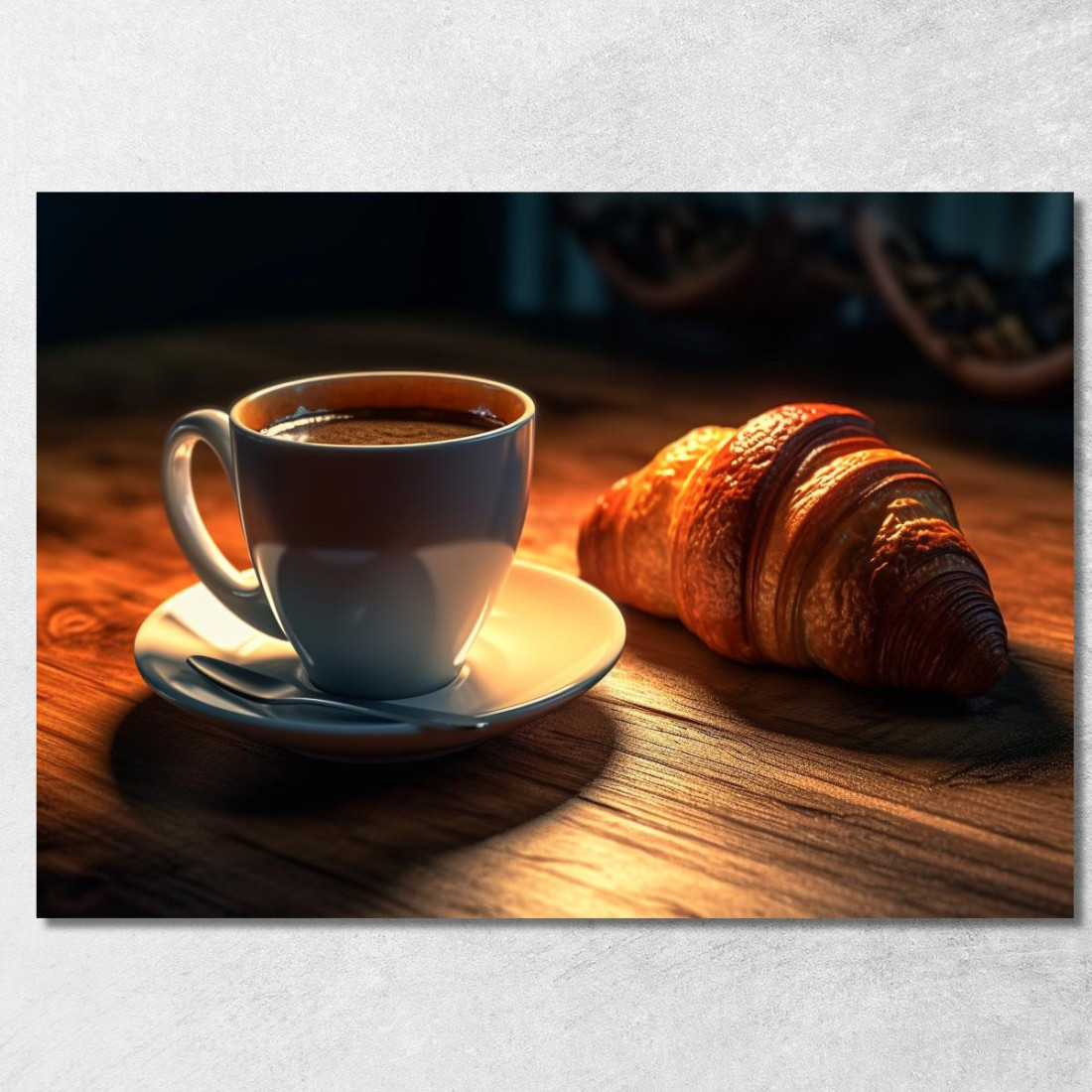 Quadro Moderno Tazza Di Caffè Caldo Con Croissant Su Tavolo Di Legno foo111 quadro stampato su tela Quadro Moderno Tazza Di Caffè Caldo Con Croissant Su Tavolo Di Legno foo111 quadro stampato su tela