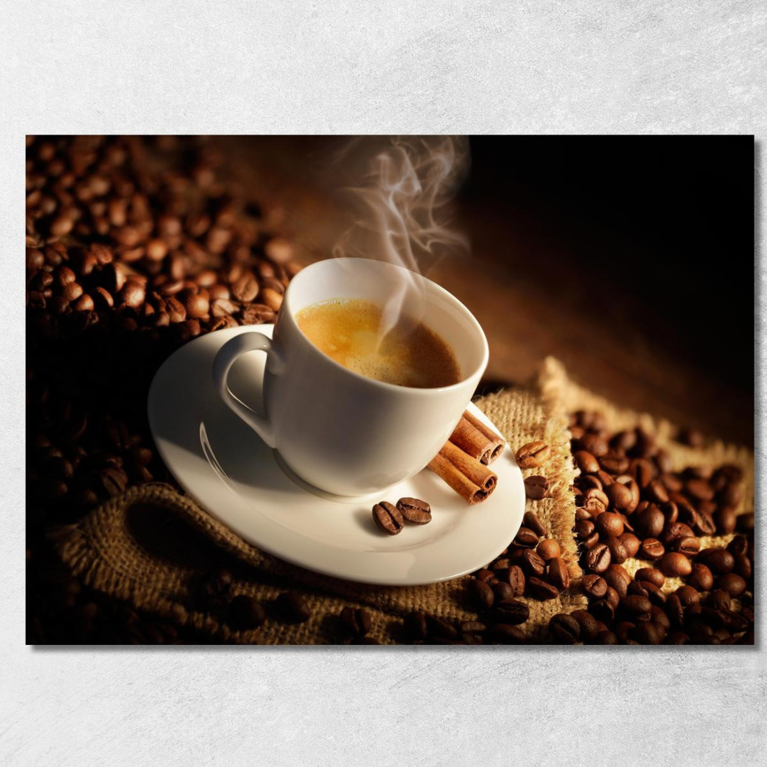 Quadro Moderno Tazza Di Caffè Fumante Con Cannella E Chicchi Di Caffè foo112 quadro stampato su tela Quadro Moderno Tazza Di Caffè Fumante Con Cannella E Chicchi Di Caffè foo112 quadro stampato su tela