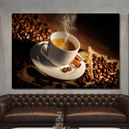 Quadro Moderno Tazza Di Caffè Fumante Con Cannella E Chicchi Di Caffè foo112 quadro stampato su tela