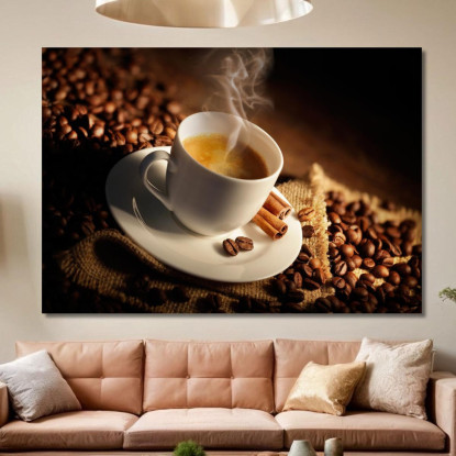 Quadro Moderno Tazza Di Caffè Fumante Con Cannella E Chicchi Di Caffè foo112 quadro stampato su tela