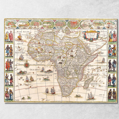 Quadro Mappa Antica Dell'Africa Con Illustrazioni Di Navi E Popolazioni Locali map5 quadro stampato su tela