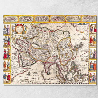 Quadro Mappa Antica Dell'Asia Con Bordatura Decorativa E Stile Rinascimentale map6 quadro stampato su tela