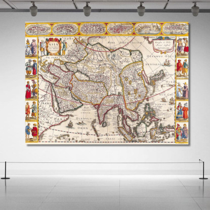 Quadro Mappa Antica Dell'Asia Con Bordatura Decorativa E Stile Rinascimentale map6 quadro stampato su tela