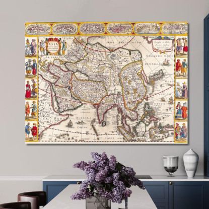 Quadro Mappa Antica Dell'Asia Con Bordatura Decorativa E Stile Rinascimentale map6 quadro stampato su tela