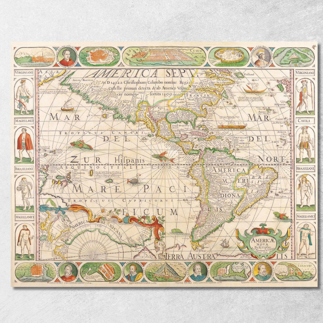 Quadro Mappa Del Mondo Antica Con Illustrazioni Storiche E Rotte Di Navigazione map16 quadro stampato su tela