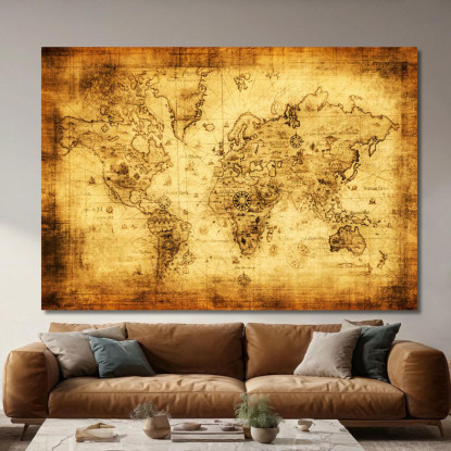 Quadro Mappa Del Mondo Antica Stile Pirata Con Effetto Invecchiato E Bussola Nautica map19 quadro stampato su tela