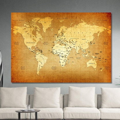 Quadro Mappa Del Mondo Antica Stile Vintage Con Nomi Di Paesi E Oceani map20 quadro stampato su tela