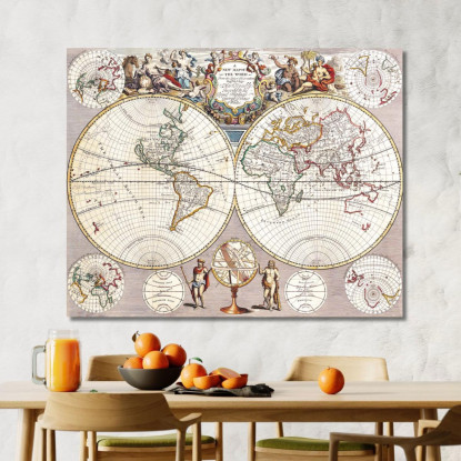 Quadro Mappa Del Mondo Antico Con Proiezione Sferica E Ornamenti Barocchi map22 quadro stampato su tela