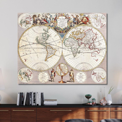 Quadro Mappa Del Mondo Antico Con Proiezione Sferica E Ornamenti Barocchi map22 quadro stampato su tela