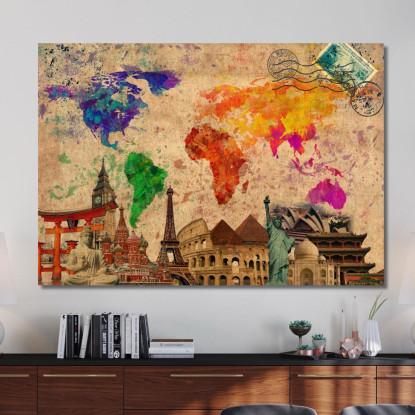 Quadro Mappa Del Mondo Artistica Con Monumenti Iconici E Timbri Vintage Di Viaggio map24 quadro stampato su tela